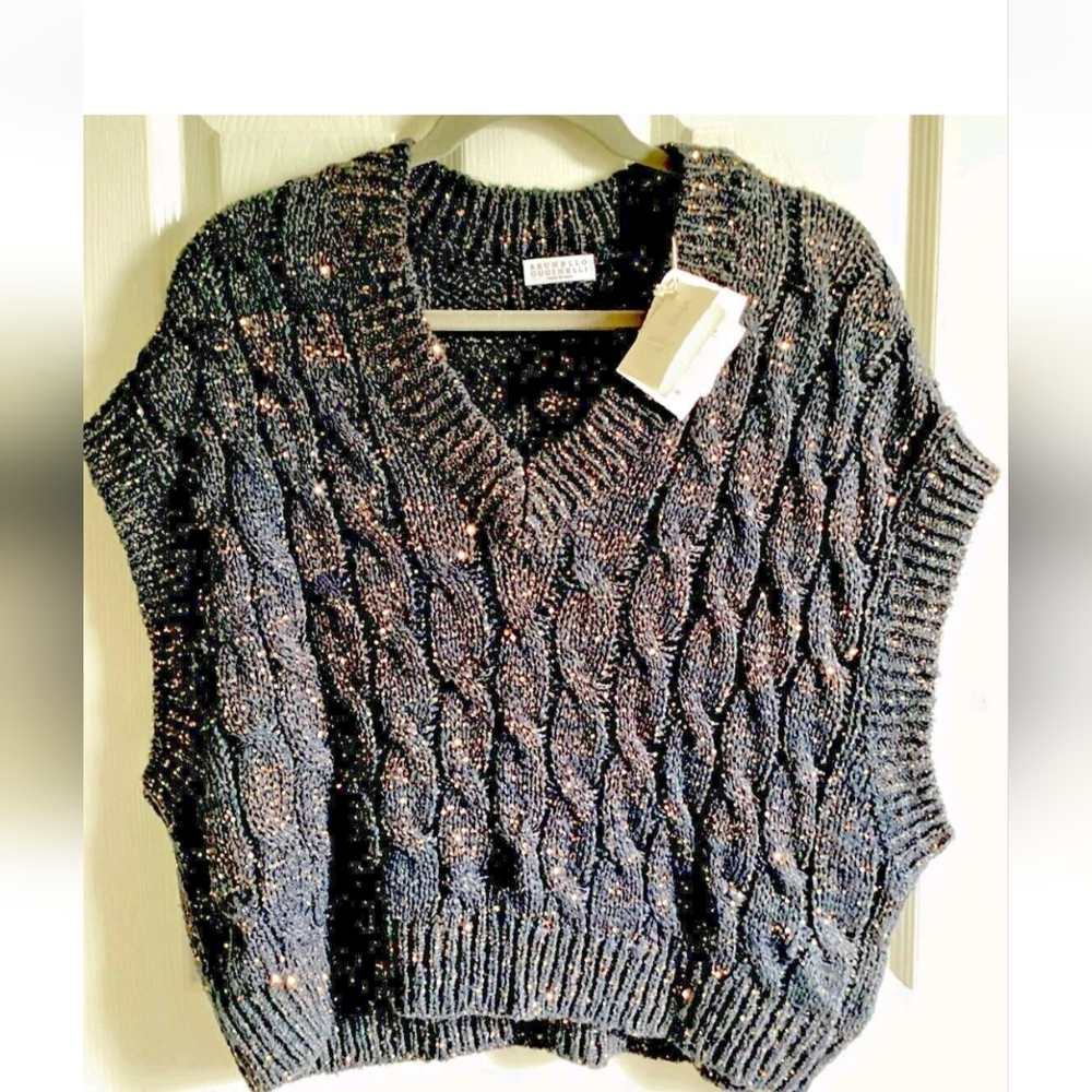 Brunello Cucinelli Dark Gray Sequined  Knit V-Neck Vest/ Pullover Size Large NWT